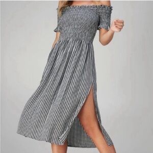 Bardot gingham off-the-shoulder dress